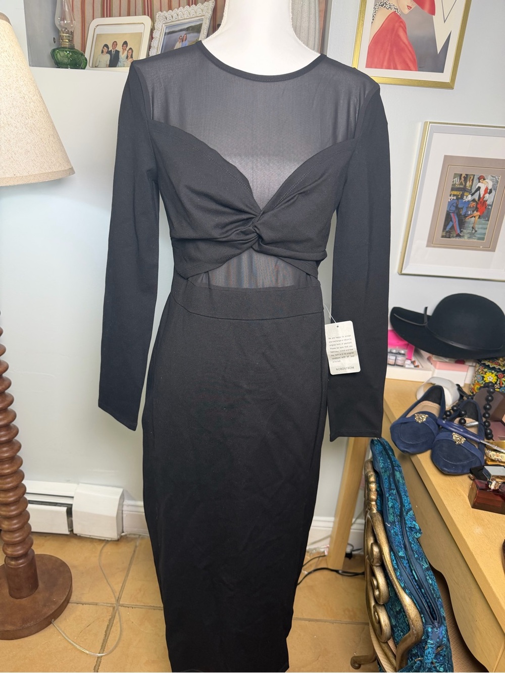 Black Long Sleeve Sheer Twist Front Midi Dress